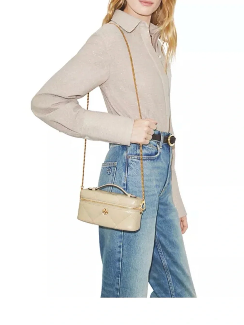 Tory Burch Cream Quilted Leather Vanity Crossbody with Gold Hardware